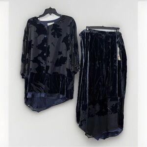 NWT VINTAGE David Dart Velvet Navy Floral Burnout Asym Blouse/Skirt Set Silk  XL